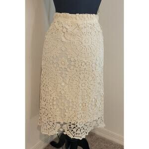 Ivory Floral Crochet Pencil Skirt Large Lined Knee Length Cottagecore Y2K